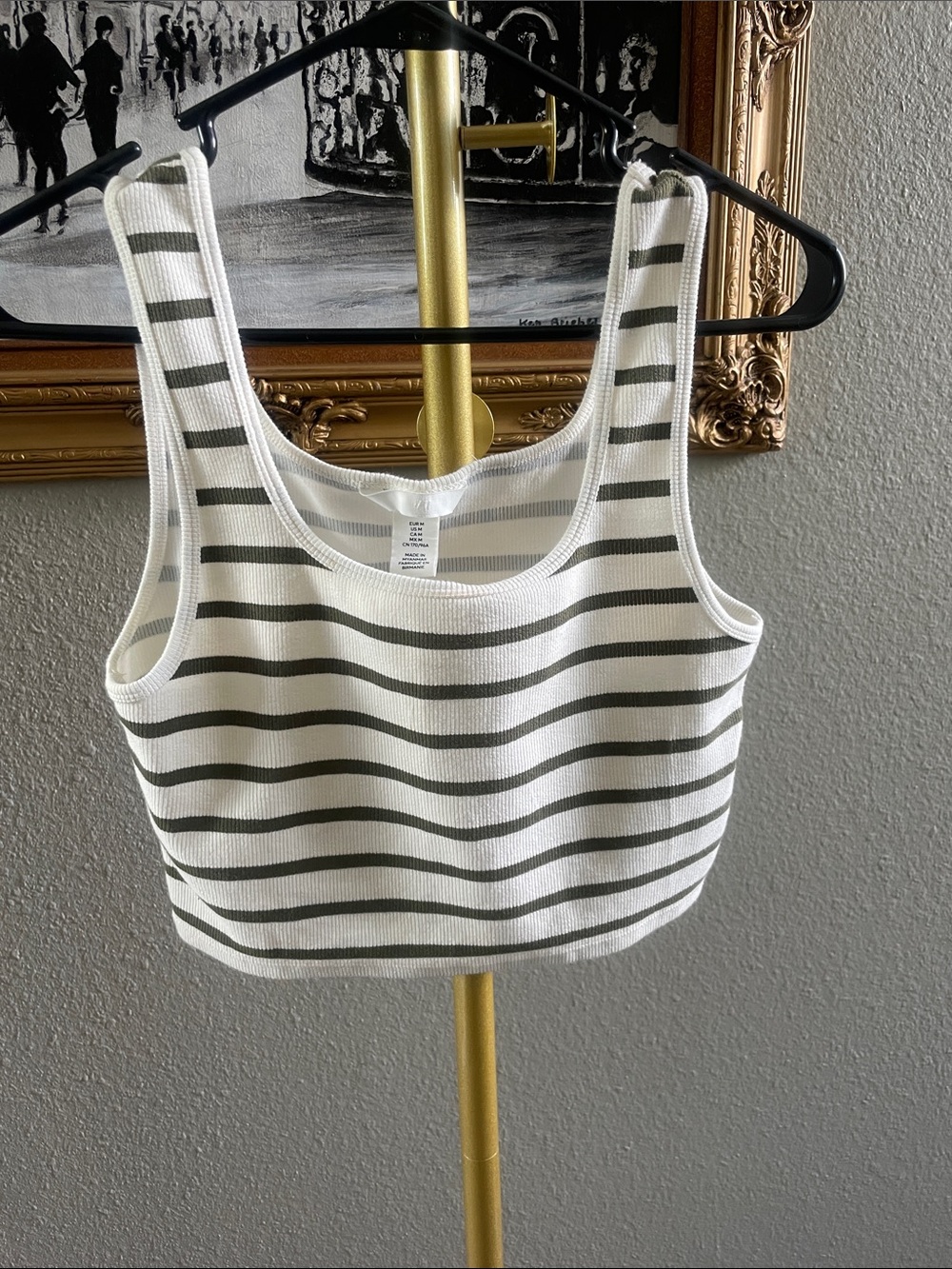 H&M Striped White and Olive Cropped Rib Tank Top